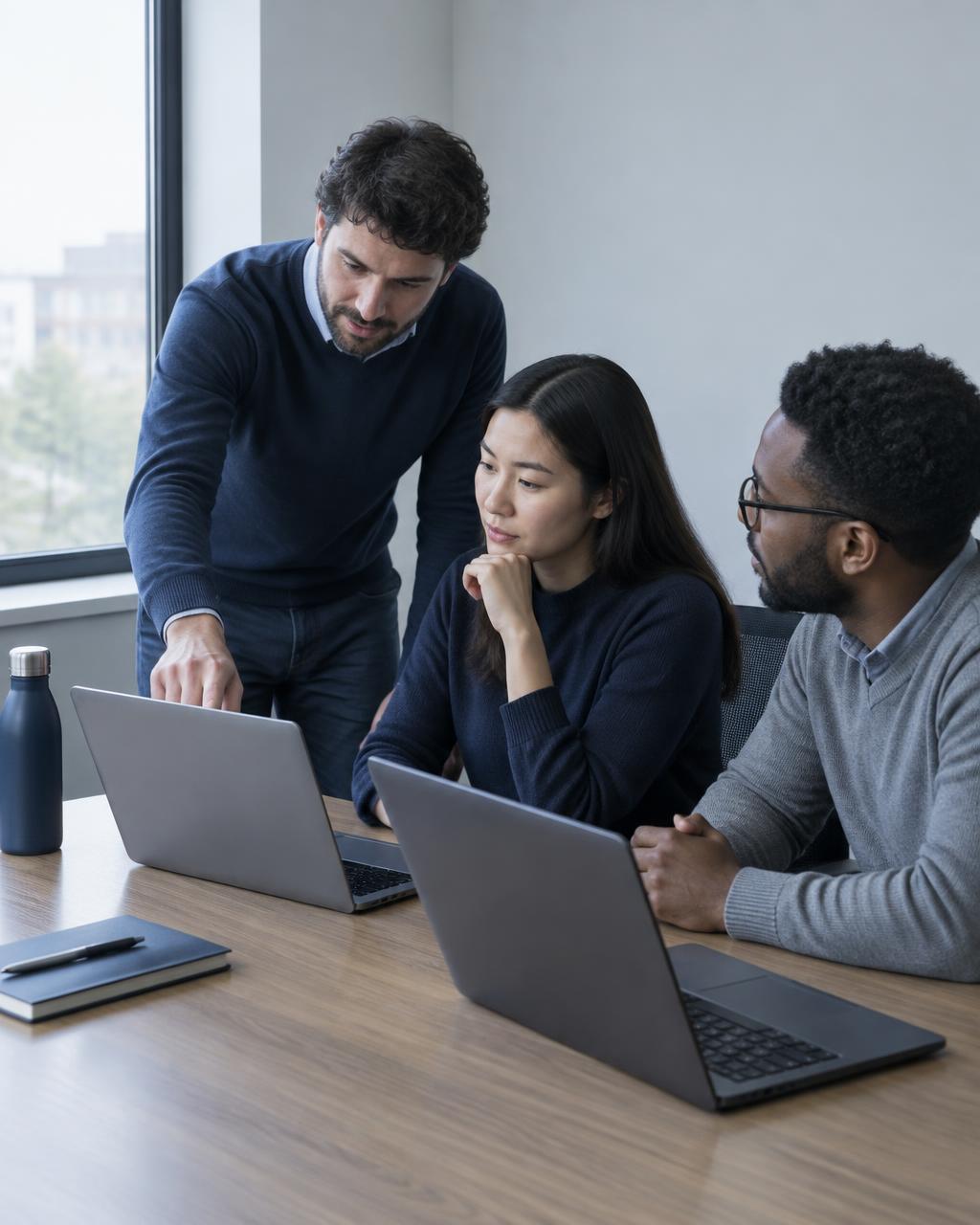 A small business team gathered around laptops, learning how AI fits their everyday work.
