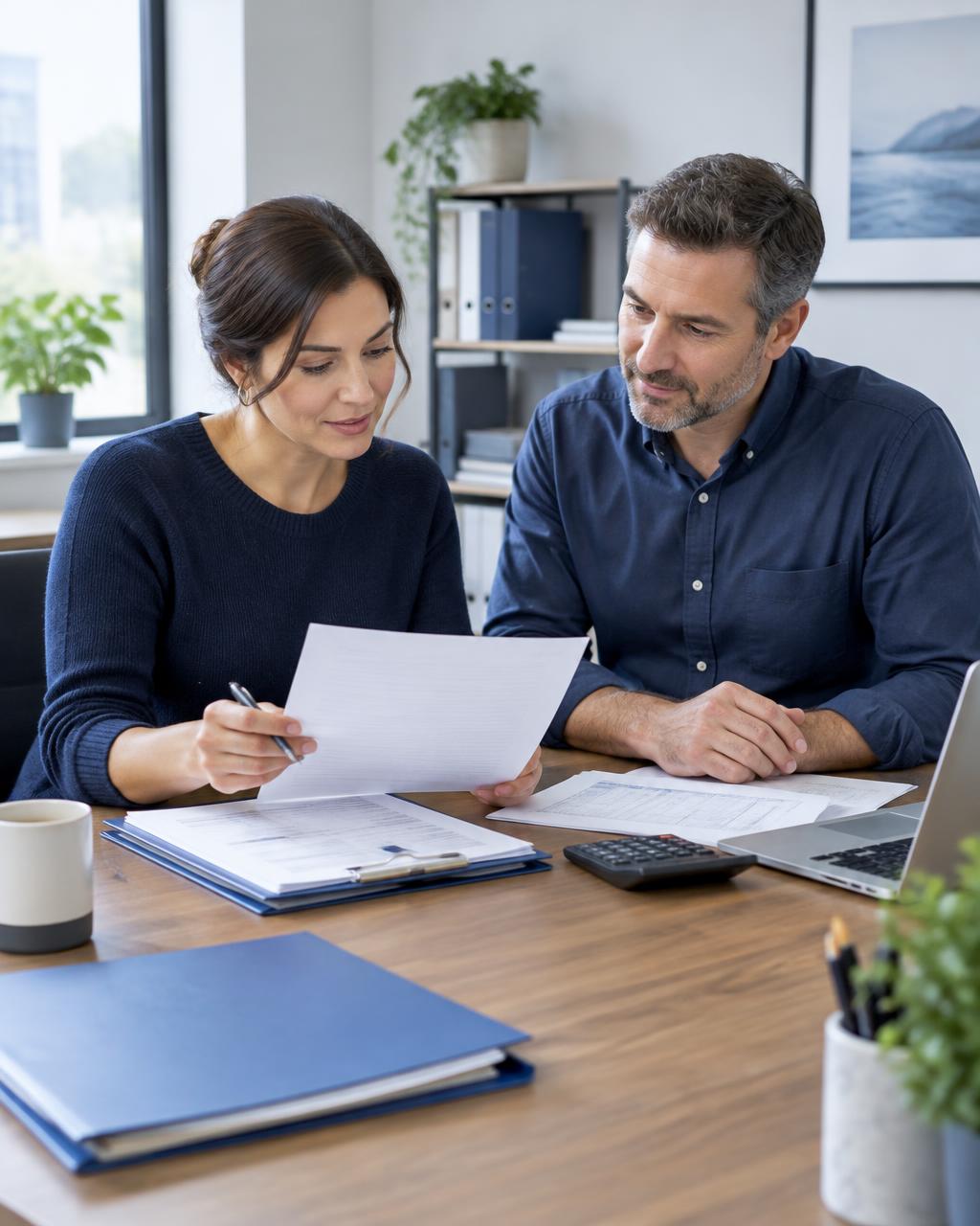 Small business owners reviewing financial paperwork and applications at a desk.