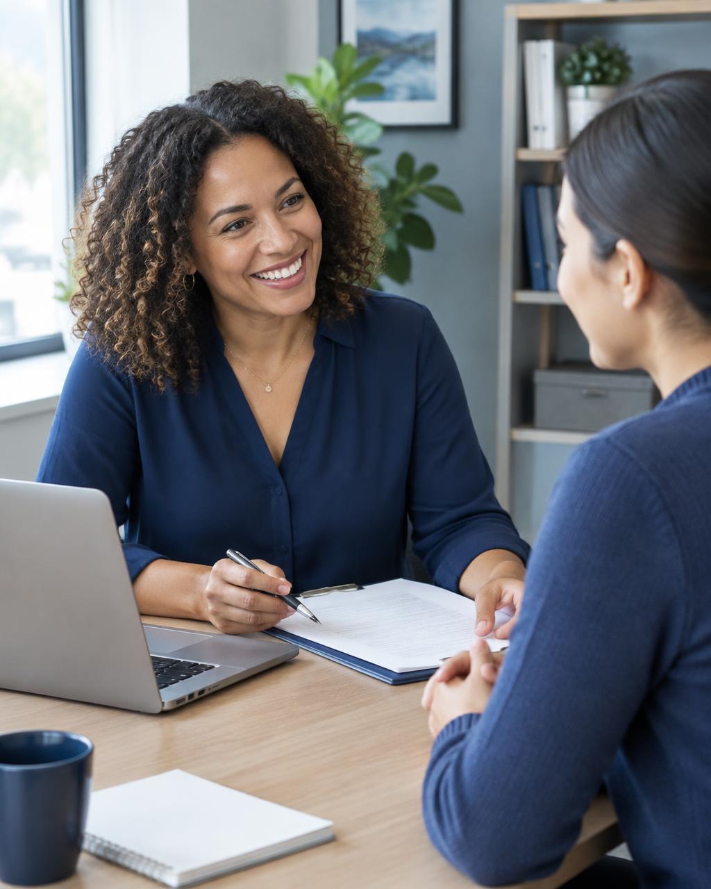 A manager welcoming a new hire and reviewing onboarding paperwork together.