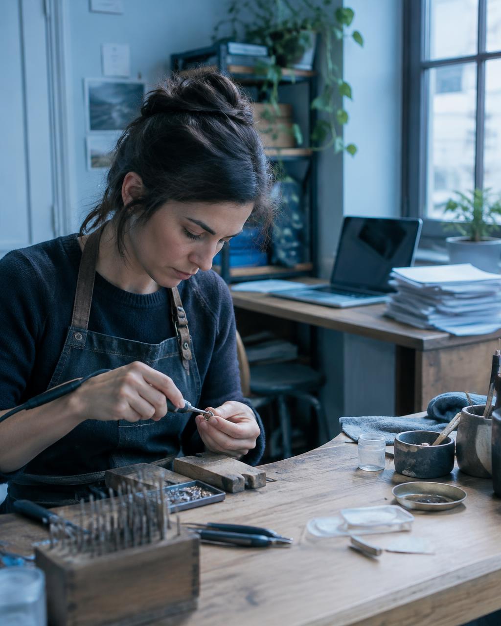 A small business owner doing hands-on work at a workbench while a laptop and paperwork wait nearby.