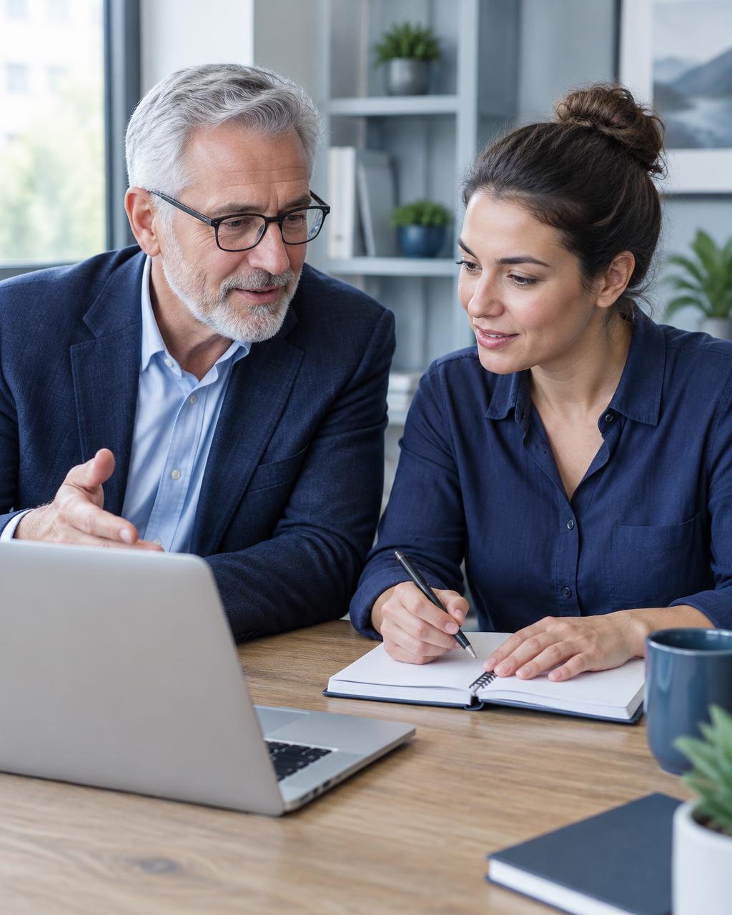 A senior business advisor working alongside an owner on a laptop and notebook, capturing plans outside the owner's head.